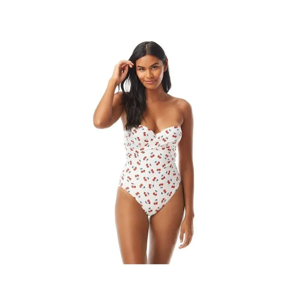 Kate Spade Molded Cup Bandeau Underwire One Piece Swimsuit - Cherry Toss Sz S